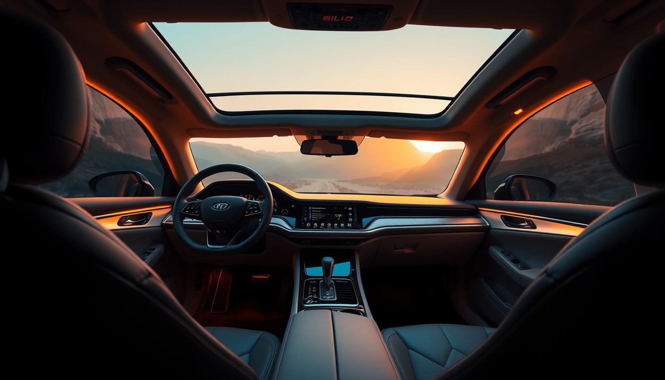A luxurious interior of the BYD Shark, bathed in warm, soft lighting that emanates from the dashboard and ambient sources. The dashboard is a sleek, high-tech display, seamlessly integrating advanced features. The seats are upholstered in supple, premium leather, exuding an aura of sophistication. The center console houses intuitive controls, while the steering wheel is adorned with subtle design elements. The panoramic sunroof floods the cabin with natural light, creating a spacious and airy atmosphere. The overall ambiance is one of refined elegance, blending modern technology and classic craftsmanship to offer a truly luxurious driving experience.