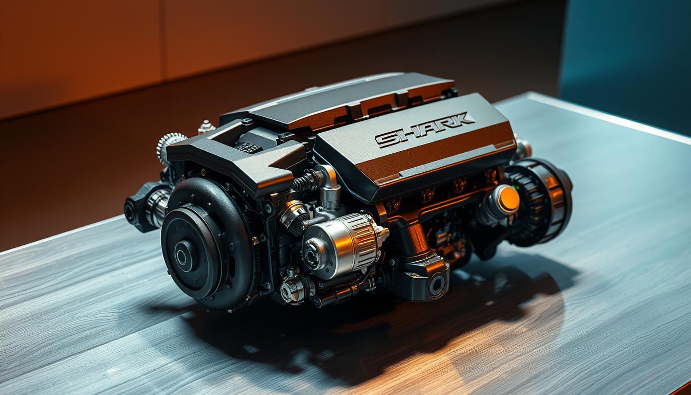 A sleek, powerful hybrid vehicle engine rests on a smooth, metallic surface, its intricate components visible in precise detail. Warm, directional lighting casts dramatic shadows, accentuating the engine's dynamic, shark-like design. The scene conveys a sense of technological prowess and efficiency, hinting at the impressive performance capabilities of this cutting-edge hybrid powertrain. The background is subtly blurred, keeping the focus firmly on the impressive engine at the center of the frame.