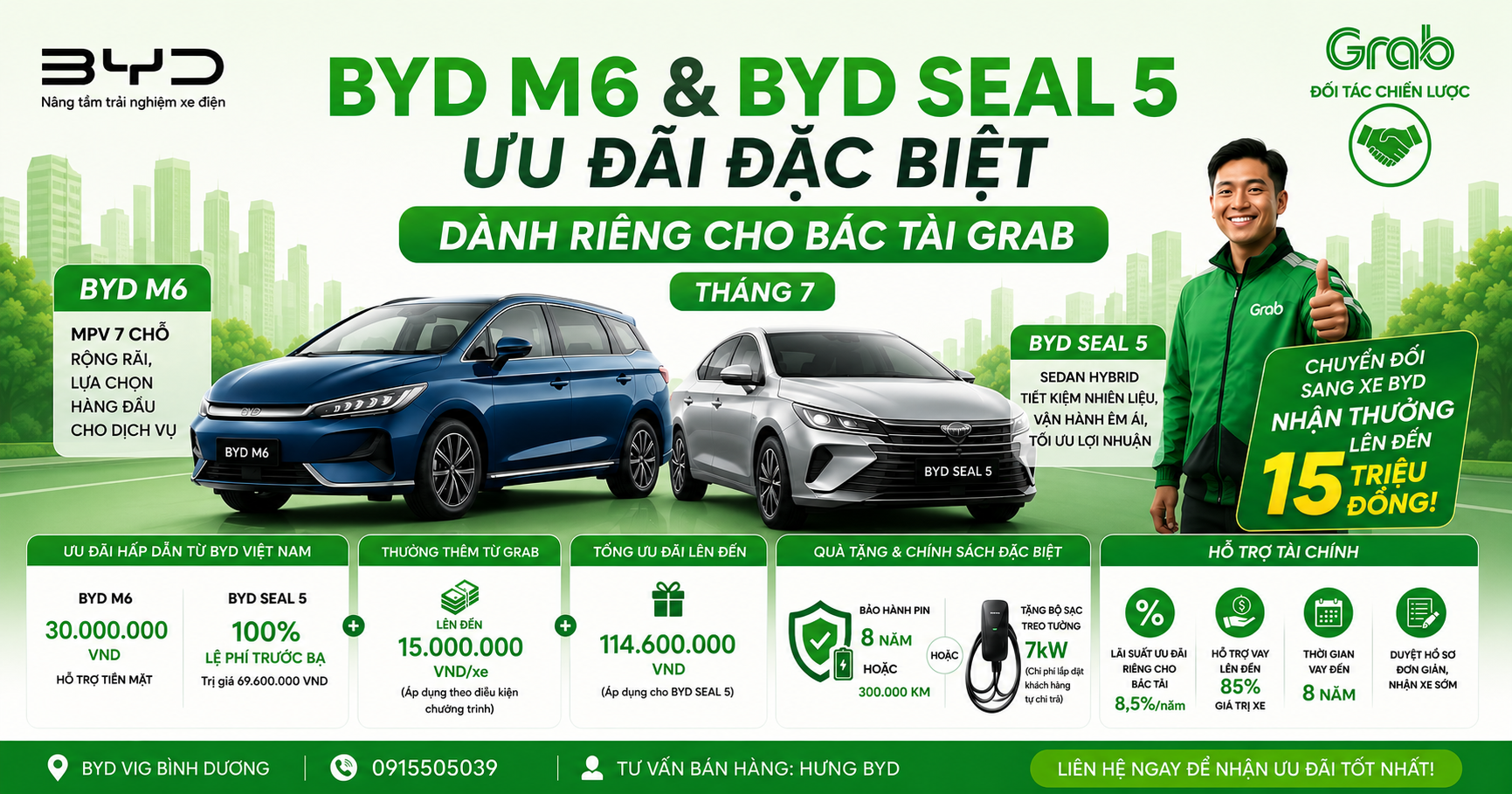 BYD M6 và BYD Seal 5 – ưu đãi Sự kiện 102 dành riêng cho bác tài Grab tháng 7/2026