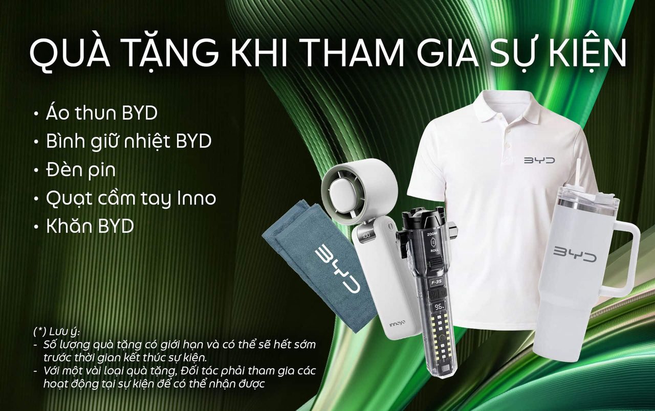 Quà tặng khi tham gia sự kiện BYD FEST 102: áo thun, bình giữ nhiệt, đèn pin, quạt Inno, khăn BYD