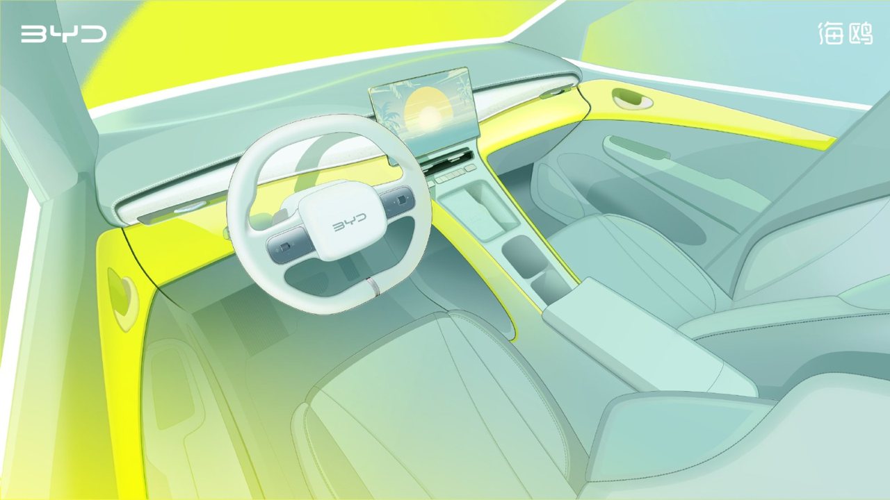 Bản phác thảo nội thất BYD Seagull thế hệ 2: màn hình trung tâm nổi, vô-lăng 2 chấu, không còn đồng hồ số sau vô-lăng